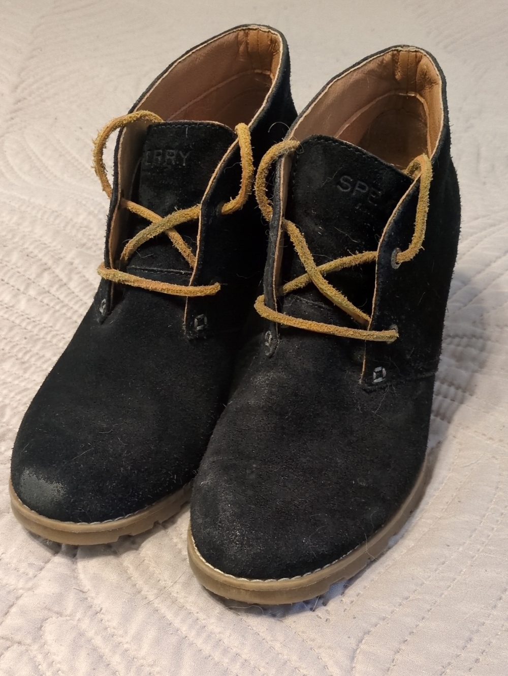 Sperry Black Suede Lace-Up Ankle Booties with Tan Laces